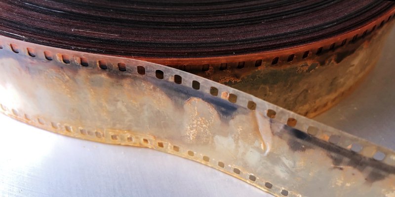 A photo showing a sticky and brittle decomposing nitrate reel